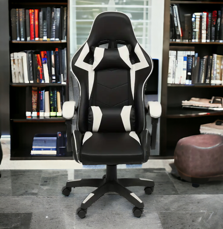 Premium Ergonomic Reclining Gaming and Office Chair in White PU Leather with Headrest, Lumbar Support, and Adjustable Features for Comfortable Gameplay and Work Sessions